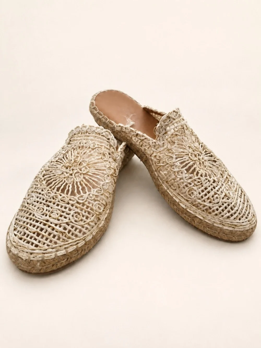 Atalina Ivory Crochet Floral Espadrille Mules Gold Metallic Slip-On Shoes 11M